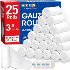 AZEN 25 Pack Gauze Rolls Bandages, 3 in x 4.1 Yards, Bandage Wrap Vet Wrap, Mummy Wrap