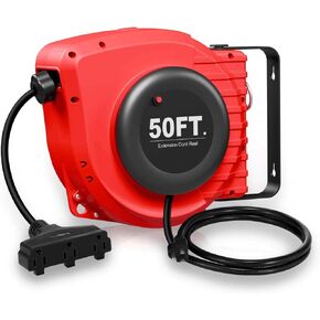 Retractable Extension Cord Reel, 50 FT Heavy Duty Power Cord, 14AWG/3C SJTOW with Lighted Triple Tap Outlet, 13 Amp Circuit Breaker 180° Swivel Bracket for Ceiling or Wall Mount