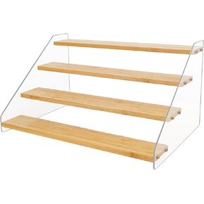 Wooden Display Stand Clear Acrylic Tiered Display Stand 4 Tier Display Shelf Wood Display Riser for Perfume Cologne Cupcake Collectibles Figurine