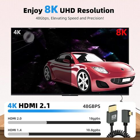 كابل ملفوف Micro HDTV 90 درجة 8K إلى HDTV، زاوية يمنى 48 جيجابت في الثانية HDTV2.1 يدعم HDR، 8K@60 هرتز، 4K@120 هرتز، متوافق مع كاميرات الفيديو والشاشات (يمين) in Kuwait