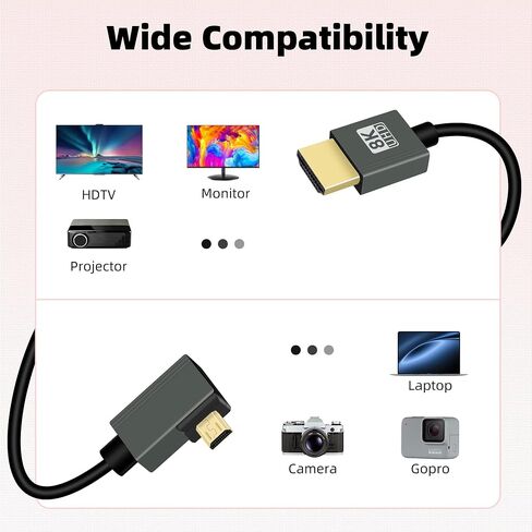 كابل ملفوف Micro HDTV 90 درجة 8K إلى HDTV، زاوية يمنى 48 جيجابت في الثانية HDTV2.1 يدعم HDR، 8K@60 هرتز، 4K@120 هرتز، متوافق مع كاميرات الفيديو والشاشات (يمين) in Kuwait