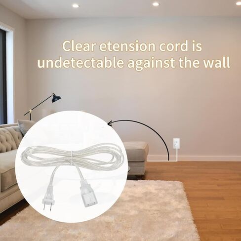 Clear Extension Cord, UL-Certified 2 Prong Extension Cord, 15 Ft Extension Cord, Male to Female Indoor Extension Cord 2 x 16 AWG 250V 10A, Thin Extension Cord for Lighting, Appliance in Saudi Arabia