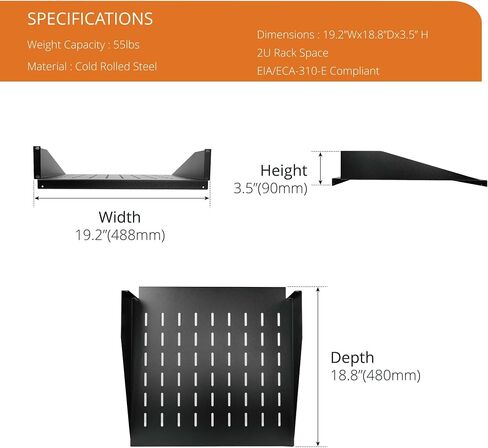 2U Cantilever Center Mount Server Rack Shelf 20inch Deep - Vented Rack Mount Tray for 19inch Network Equipment Rack & Cabinet - Weight Capacity 110lb, Black in Saudi Arabia
