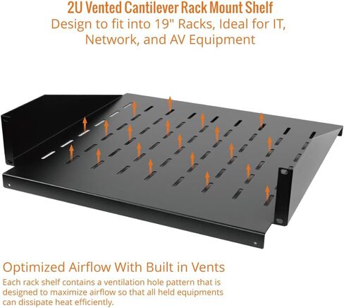 2U Cantilever Center Mount Server Rack Shelf 20inch Deep - Vented Rack Mount Tray for 19inch Network Equipment Rack & Cabinet - Weight Capacity 110lb, Black in Saudi Arabia