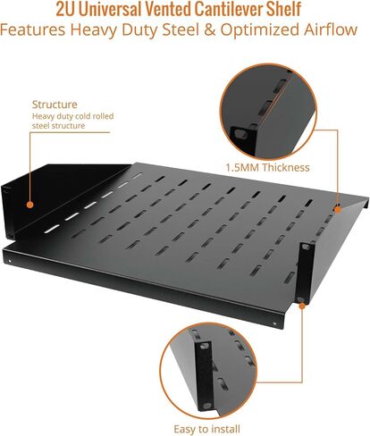 2U Cantilever Center Mount Server Rack Shelf 20inch Deep - Vented Rack Mount Tray for 19inch Network Equipment Rack & Cabinet - Weight Capacity 110lb, Black in Saudi Arabia