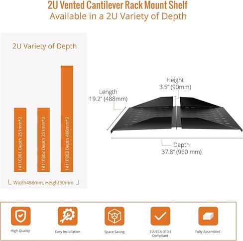 2U Cantilever Center Mount Server Rack Shelf 20inch Deep - Vented Rack Mount Tray for 19inch Network Equipment Rack & Cabinet - Weight Capacity 110lb, Black in Saudi Arabia