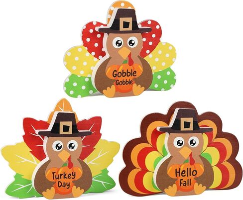 3Pcs Thanksgiving Decorations for Home Turkey Wooden Block Sign Harvest Day Fall Decor Indoor Fall Tiered Tray Decor Turkey Ornament for Autumn Table Centerpiece in Kuwait