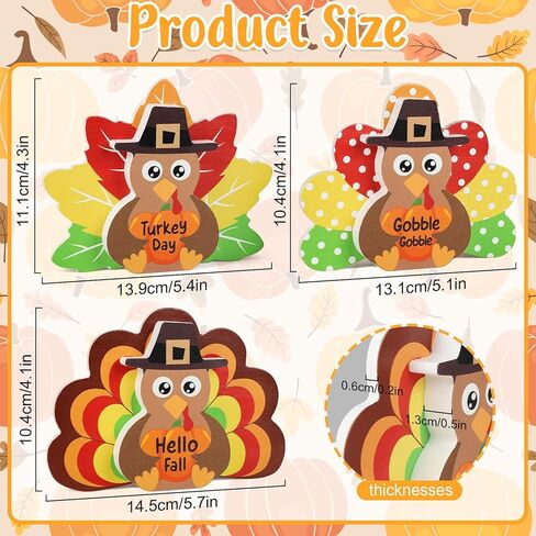 3Pcs Thanksgiving Decorations for Home Turkey Wooden Block Sign Harvest Day Fall Decor Indoor Fall Tiered Tray Decor Turkey Ornament for Autumn Table Centerpiece in Kuwait