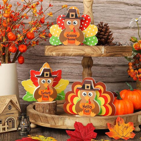 3Pcs Thanksgiving Decorations for Home Turkey Wooden Block Sign Harvest Day Fall Decor Indoor Fall Tiered Tray Decor Turkey Ornament for Autumn Table Centerpiece in Kuwait
