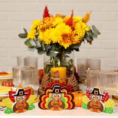 3Pcs Thanksgiving Decorations for Home Turkey Wooden Block Sign Harvest Day Fall Decor Indoor Fall Tiered Tray Decor Turkey Ornament for Autumn Table Centerpiece in Kuwait