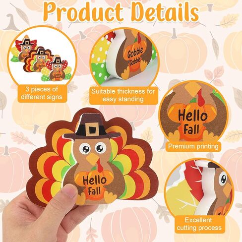 3Pcs Thanksgiving Decorations for Home Turkey Wooden Block Sign Harvest Day Fall Decor Indoor Fall Tiered Tray Decor Turkey Ornament for Autumn Table Centerpiece in Kuwait