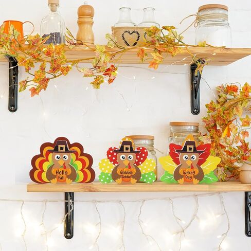 3Pcs Thanksgiving Decorations for Home Turkey Wooden Block Sign Harvest Day Fall Decor Indoor Fall Tiered Tray Decor Turkey Ornament for Autumn Table Centerpiece in Kuwait