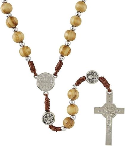 Catholic Rosary Beads with Saint Benedict Medal Centerpiece and Olive Wood Toned Beading for Men and Women, 19 Inches in Saudi Arabia