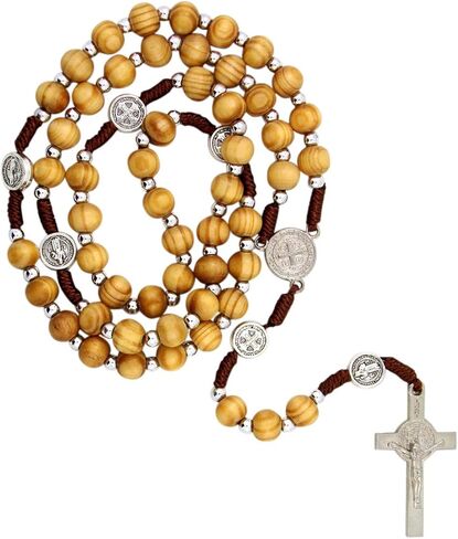 Catholic Rosary Beads with Saint Benedict Medal Centerpiece and Olive Wood Toned Beading for Men and Women, 19 Inches in Saudi Arabia