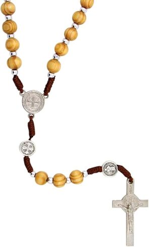 Catholic Rosary Beads with Saint Benedict Medal Centerpiece and Olive Wood Toned Beading for Men and Women, 19 Inches in Saudi Arabia