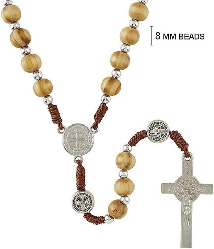 Catholic Rosary Beads with Saint Benedict Medal Centerpiece and Olive Wood Toned Beading for Men and Women, 19 Inches in Saudi Arabia