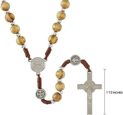 Catholic Rosary Beads with Saint Benedict Medal Centerpiece and Olive Wood Toned Beading for Men and Women, 19 Inches in Saudi Arabia