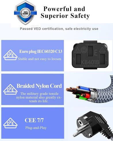 European Power Cord, Goalfish Nylon Braided Europlug Replacement Power Cord (CEE 7/7 to IEC60320 C13) with VED for Monitors, PC, Scanner,TV,Printer,Travel & More - 6.6Ft in Saudi Arabia