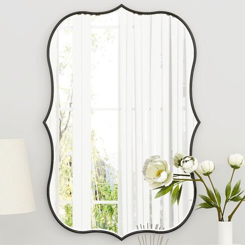 مرايا غير متناظرة من SHYFOY لديكور الحائط، مرآة حائط مزخرفة سوداء غير منتظمة لديكور غرفة المعيشة، إطار خشبي منحني 24 بوصة × 35 بوصة يلوح بمرآة كبيرة in Saudi Arabia