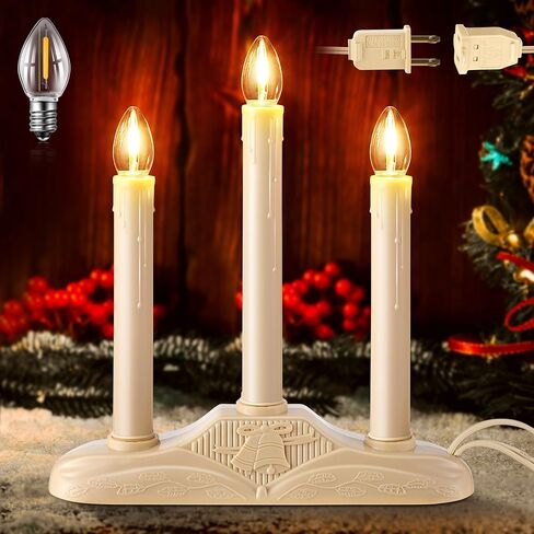 Meonum 2 Sets 3 Light Electric Window Candles Plug in Christmas Candle Light with C7 LED Bulbs, Ivory Christmas Candelabra with Switch, Charge Connector and Spare Bulb for Holiday Party Window Decor in Saudi Arabia