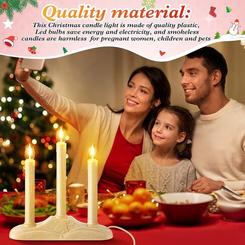 Meonum 2 Sets 3 Light Electric Window Candles Plug in Christmas Candle Light with C7 LED Bulbs, Ivory Christmas Candelabra with Switch, Charge Connector and Spare Bulb for Holiday Party Window Decor in Saudi Arabia