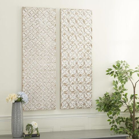 Deco 79 Wooden Geometric Home Wall Decor Intricately Carved Wall Sculpture, set of 2 Wall Art 16" x 2" x 48", White in Saudi Arabia