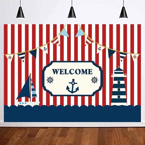 Fanghui 7x5ft Nautical Theme Party Photography Backdrop Red White Striped Marine Voyage Boat Background Decoration Kids Boy Birthday Party Navigation Lighthouse Banner Supplies Photobooth Props Decor in Saudi Arabia
