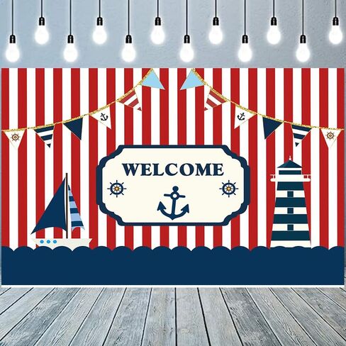 Fanghui 7x5ft Nautical Theme Party Photography Backdrop Red White Striped Marine Voyage Boat Background Decoration Kids Boy Birthday Party Navigation Lighthouse Banner Supplies Photobooth Props Decor in Saudi Arabia