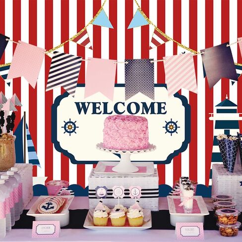 Fanghui 7x5ft Nautical Theme Party Photography Backdrop Red White Striped Marine Voyage Boat Background Decoration Kids Boy Birthday Party Navigation Lighthouse Banner Supplies Photobooth Props Decor in Saudi Arabia