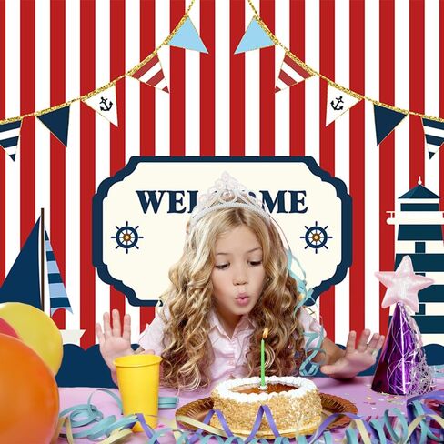 Fanghui 7x5ft Nautical Theme Party Photography Backdrop Red White Striped Marine Voyage Boat Background Decoration Kids Boy Birthday Party Navigation Lighthouse Banner Supplies Photobooth Props Decor in Saudi Arabia