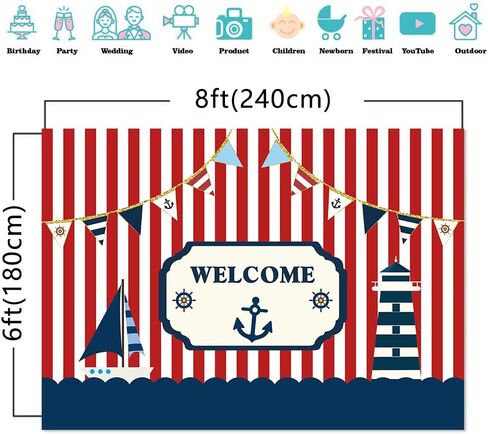 Fanghui 7x5ft Nautical Theme Party Photography Backdrop Red White Striped Marine Voyage Boat Background Decoration Kids Boy Birthday Party Navigation Lighthouse Banner Supplies Photobooth Props Decor in Saudi Arabia