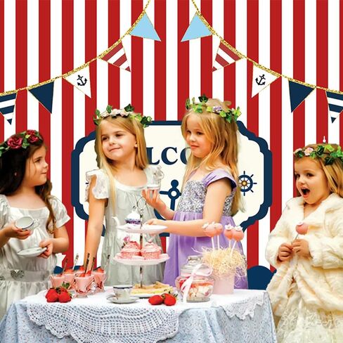 Fanghui 7x5ft Nautical Theme Party Photography Backdrop Red White Striped Marine Voyage Boat Background Decoration Kids Boy Birthday Party Navigation Lighthouse Banner Supplies Photobooth Props Decor in Saudi Arabia