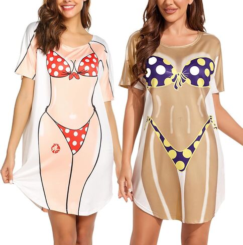Ekouaer Womens Bikini Shirt Cover Up Short Sleeve Funny Bikini Print Cover-Up 2 Pack Cute Baggy Shirt Dress S-XXL in Saudi Arabia