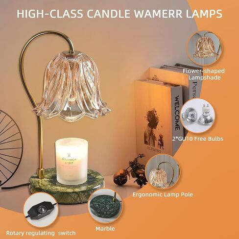 Candle Warmer Lamp with Timer/Dimmer, Marble Base Electric Top Down Melting Wax Melt Warmer for Jar Candles, Home Bedroom Decor House Warming Gift Mothers Day Gifts for Mom (2 Bulbs Included) (Amber) in Saudi Arabia