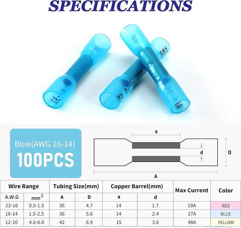 100psc 18-14 AWG Blue Heat Shrink Butt Wire Connector, Automotive Marine Grade Wire Crimp Terminal Butt Splices for Automotive Industry, Marine, Home Wire Connections and More. in Saudi Arabia