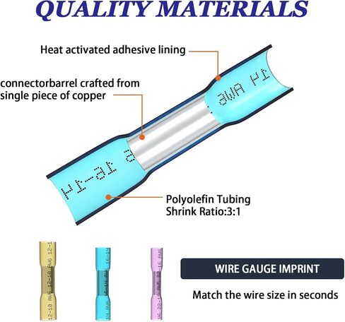 100psc 18-14 AWG Blue Heat Shrink Butt Wire Connector, Automotive Marine Grade Wire Crimp Terminal Butt Splices for Automotive Industry, Marine, Home Wire Connections and More. in Saudi Arabia