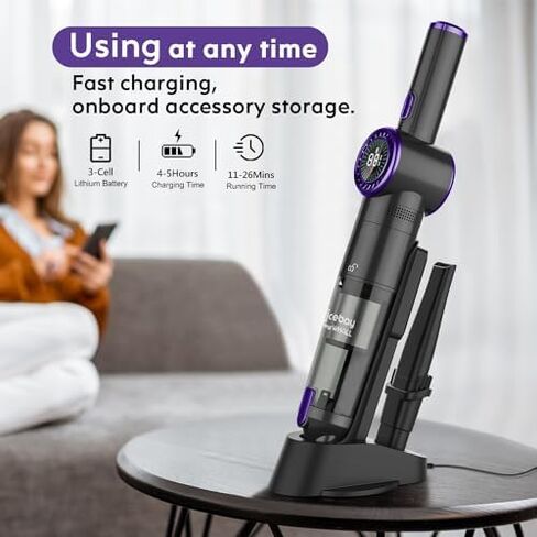 Nicebay Cordless Handheld Vacuum Cleaner, 15KPA Strong Suction Portable Hand Vacuum Cleaner, LED Display Car Vacuum Cleaner, Fast Charging Dock, Rechargeable Handheld Vacuum Purple in Saudi Arabia