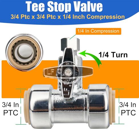 WHK Tee Stop Valve 3/4 Ptc x 3/4 Ptc x 1/4 بوصة ضغط، ادفع لتوصيل تركيبات السباكة النحاسية، 1/4 دورة دفع ملائمة لخط المياه لكوبر، PEX، أنابيب PVC، الأنابيب in Saudi Arabia
