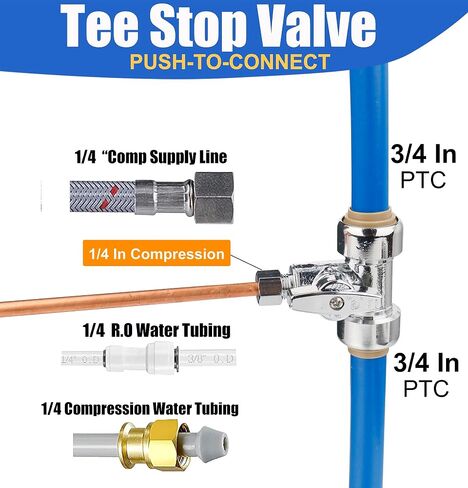 WHK Tee Stop Valve 3/4 Ptc x 3/4 Ptc x 1/4 بوصة ضغط، ادفع لتوصيل تركيبات السباكة النحاسية، 1/4 دورة دفع ملائمة لخط المياه لكوبر، PEX، أنابيب PVC، الأنابيب in Saudi Arabia