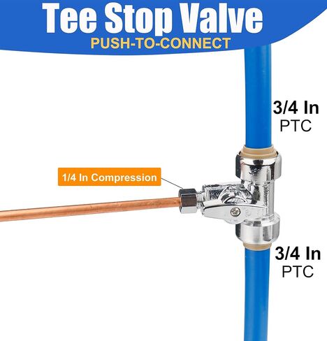 WHK Tee Stop Valve 3/4 Ptc x 3/4 Ptc x 1/4 بوصة ضغط، ادفع لتوصيل تركيبات السباكة النحاسية، 1/4 دورة دفع ملائمة لخط المياه لكوبر، PEX، أنابيب PVC، الأنابيب in Saudi Arabia