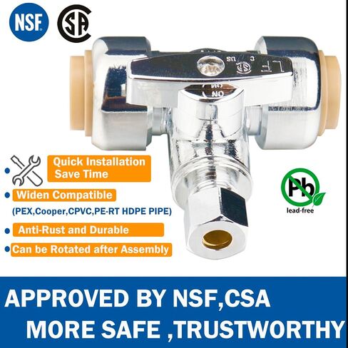 WHK Tee Stop Valve 3/4 Ptc x 3/4 Ptc x 1/4 بوصة ضغط، ادفع لتوصيل تركيبات السباكة النحاسية، 1/4 دورة دفع ملائمة لخط المياه لكوبر، PEX، أنابيب PVC، الأنابيب in Saudi Arabia