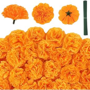 JMUQ 80Pcs Artificial Marigold Flowers, 2inch Silk Marigolds with Stems, Orange Artificial Flowers for Diwali Home Decor Marigold Garland Day of The Dead Decorations