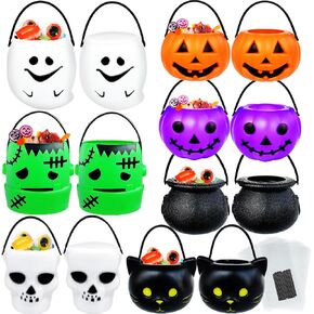 14 PCS Mini Halloween Candy Holder,Portable Pumpkin Ghost Cauldron Bucket with Candy Bags Black Wire Ties Halloween Party Supplies for Kids,Trick or Treat