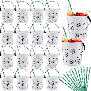 24 Pcs 32 oz Soccer Buckets with Handles and Straws Soccer Party Favors Rum Buckets Small Plastic Ice Soccer Cocktail Buckets Bulk Reusable Punch Bowls for Drinks Beverages Beer