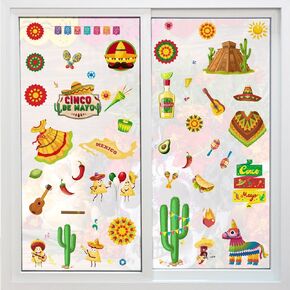 ALIBBON 8 Sheets Cinco de Mayo Window Clings Mexican Fiesta Window Stickers for Glass Cactus Guitar Taco Non Adhesive Window Stickers Decals Cartoon Static Cling for Fiesta Party Window Decoration