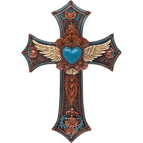 Brown Cross with Angel Wings and Heart, Southwest Native American Inspired Religious Wall Art - Rustic Faux Turquoise Gem, Spiritual and Inspirational Wall Décor for Home, Office, or Gift for Religious Event
