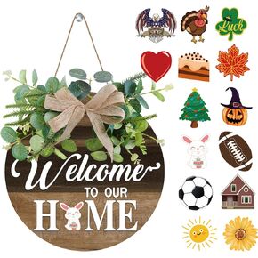 Interchangeable Seasonal Welcome Sign Front Door Decoration, Rustic Round Wood Wreaths Wall Hanging Outdoor, Farmhouse, Porch, for Spring Summer Fall All Seasons Holiday Halloween ChristmasSweet Home1