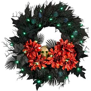National Tree Company, 24inch Artificial Boo-Tiful Halloween Wreath with Orange Florals and White Skull, 30 Green LED Lights, Battery Operated