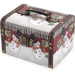 Vintage Wooden Storage Box with Snowman Christmas Decorations PU Leather Decorative Treasure Chest Box for Jewelry Keepsakes Box with Handle,Gift and Home Decor