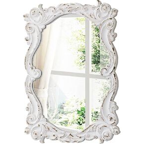 Vintage Mirrors for Wall Decor 16 X 24 Inch, Hanging Distressed White Carved Wood Wavy Antique Oval Mirror, Rustic Curvy Mirror for Entryway Bathroom, Horizontal or Vertical